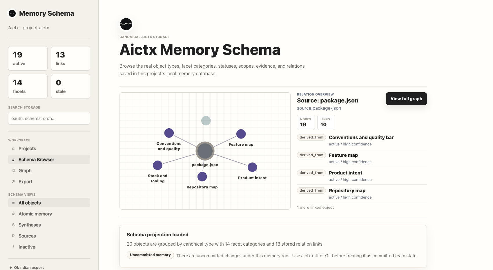 Memory viewer showing the memory graph with relation overview and canonical storage navigation.